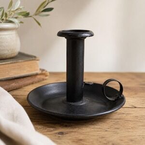 Antique Metal Chamberstick Victorian Push Up Candle Holder Finger Loop Dish